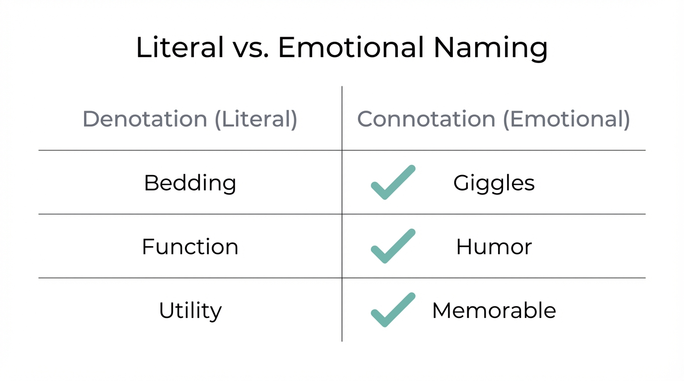 A comparison between literal naming and emotional, connotation-based branding.
