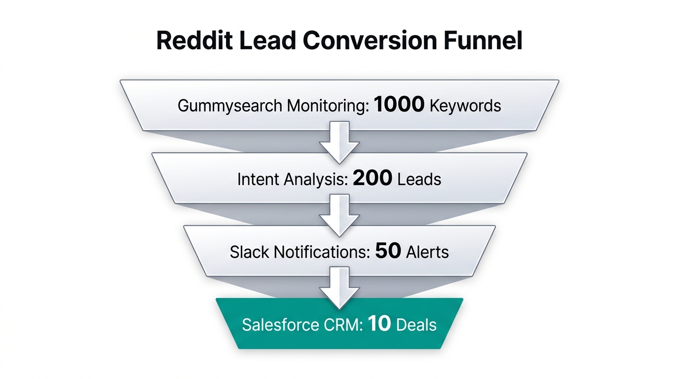 Lead conversion funnel from Reddit discovery to Salesforce deal closure.