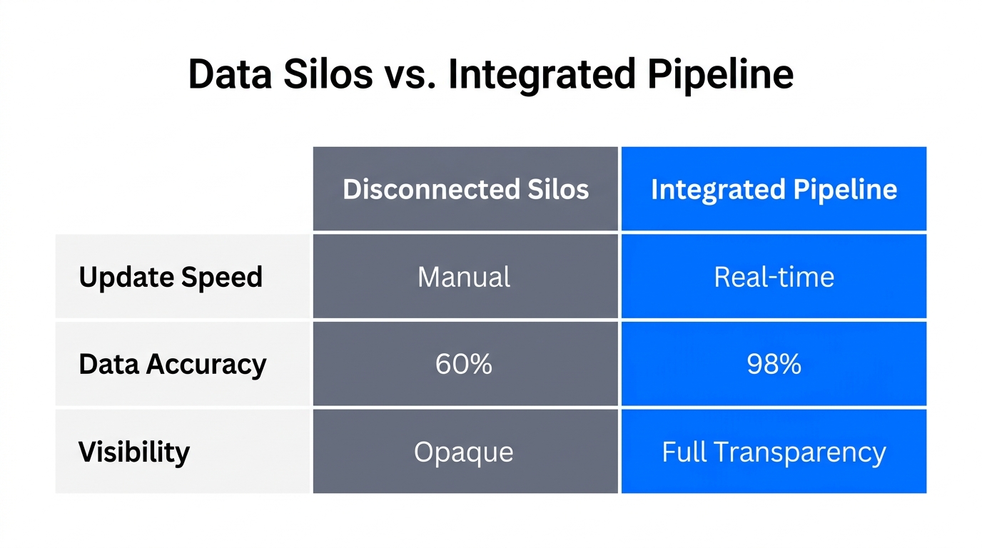 Comparison of manual data silos versus an integrated Salesforce-Slack pipeline.