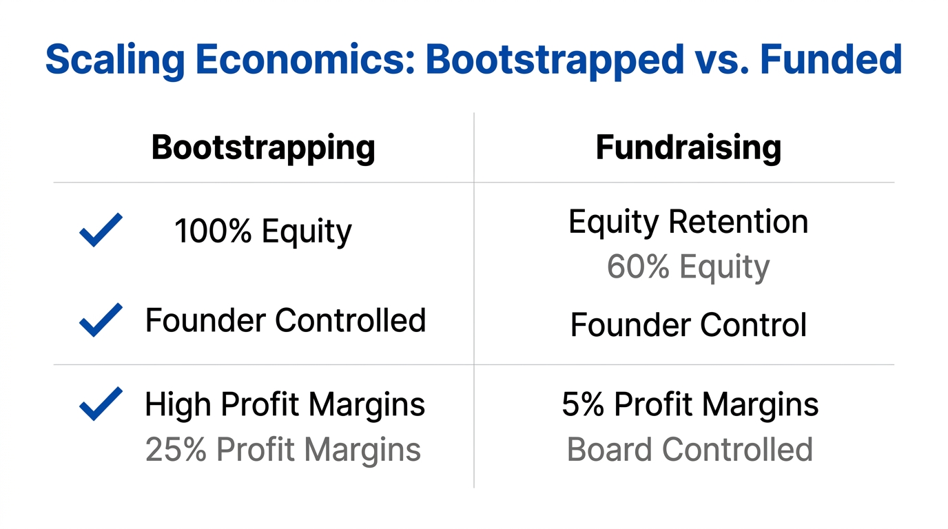 Trade-offs between equity ownership and profit margins in scaling.