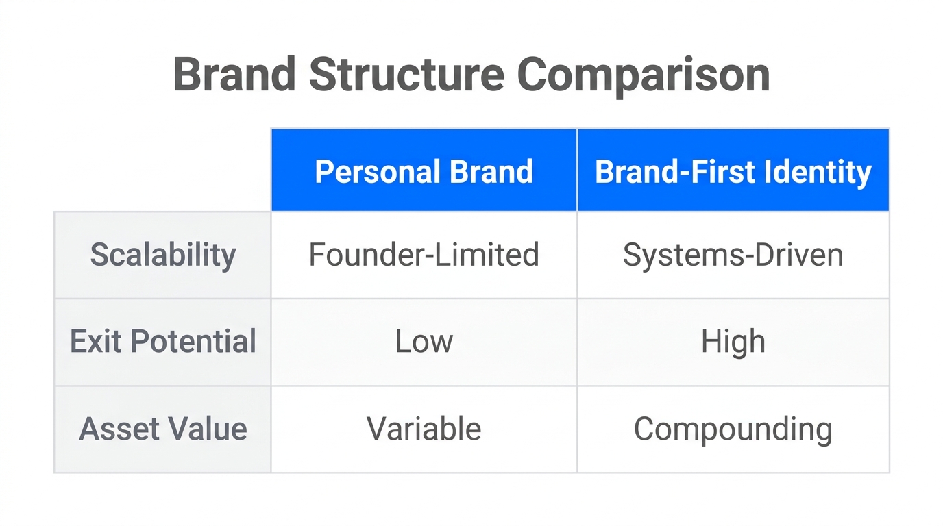 Comparison between founder-reliant and brand-first scalability models.