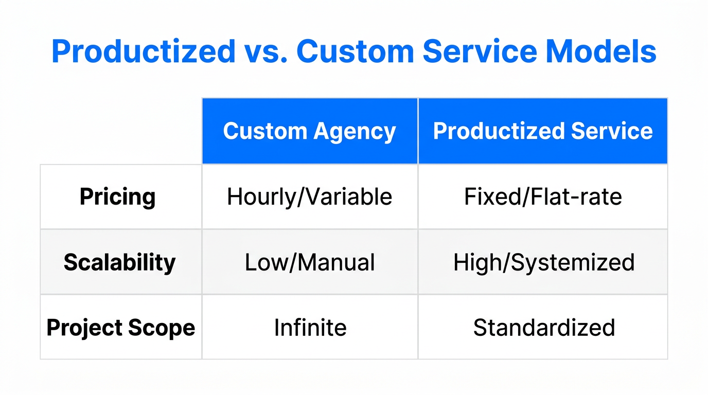 Comparison of traditional custom agencies versus the productized service model