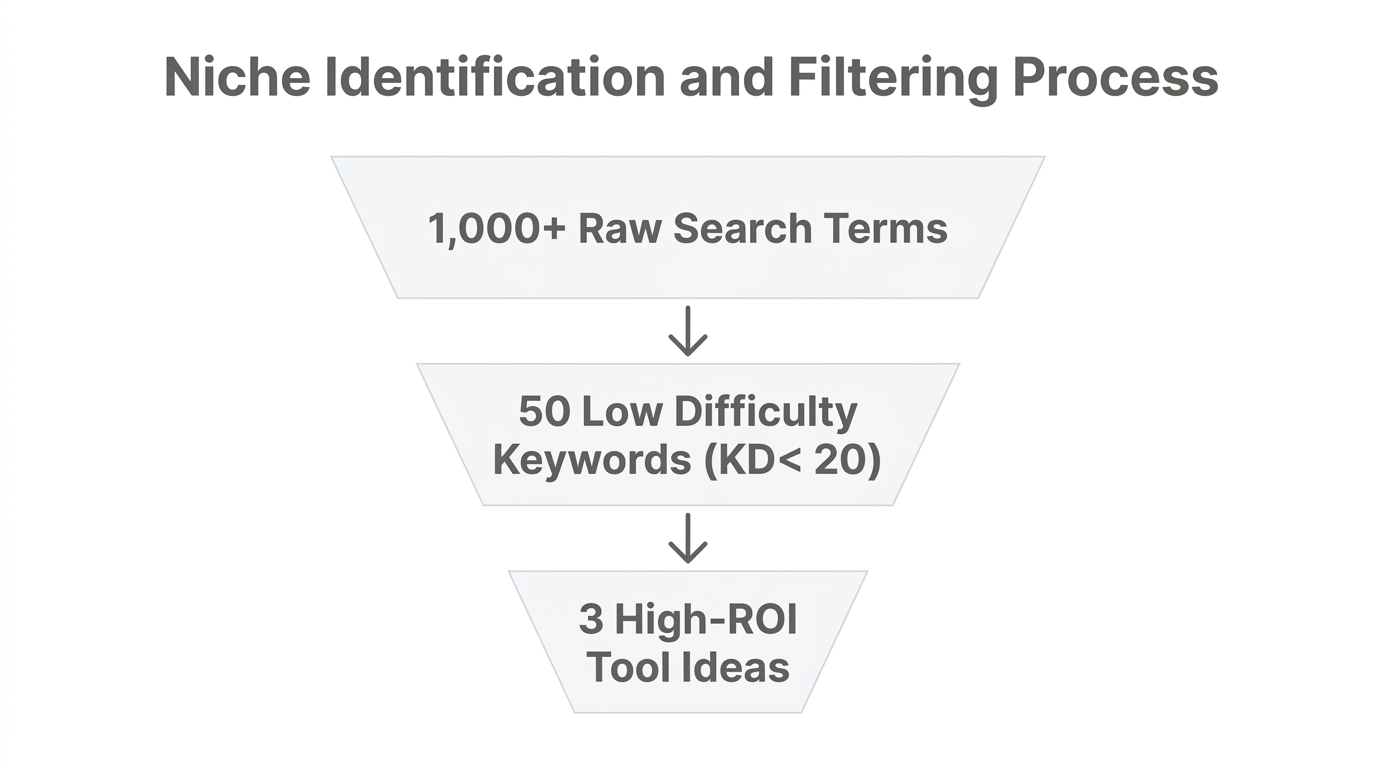 Funnel showing the process of filtering keywords into tool ideas.