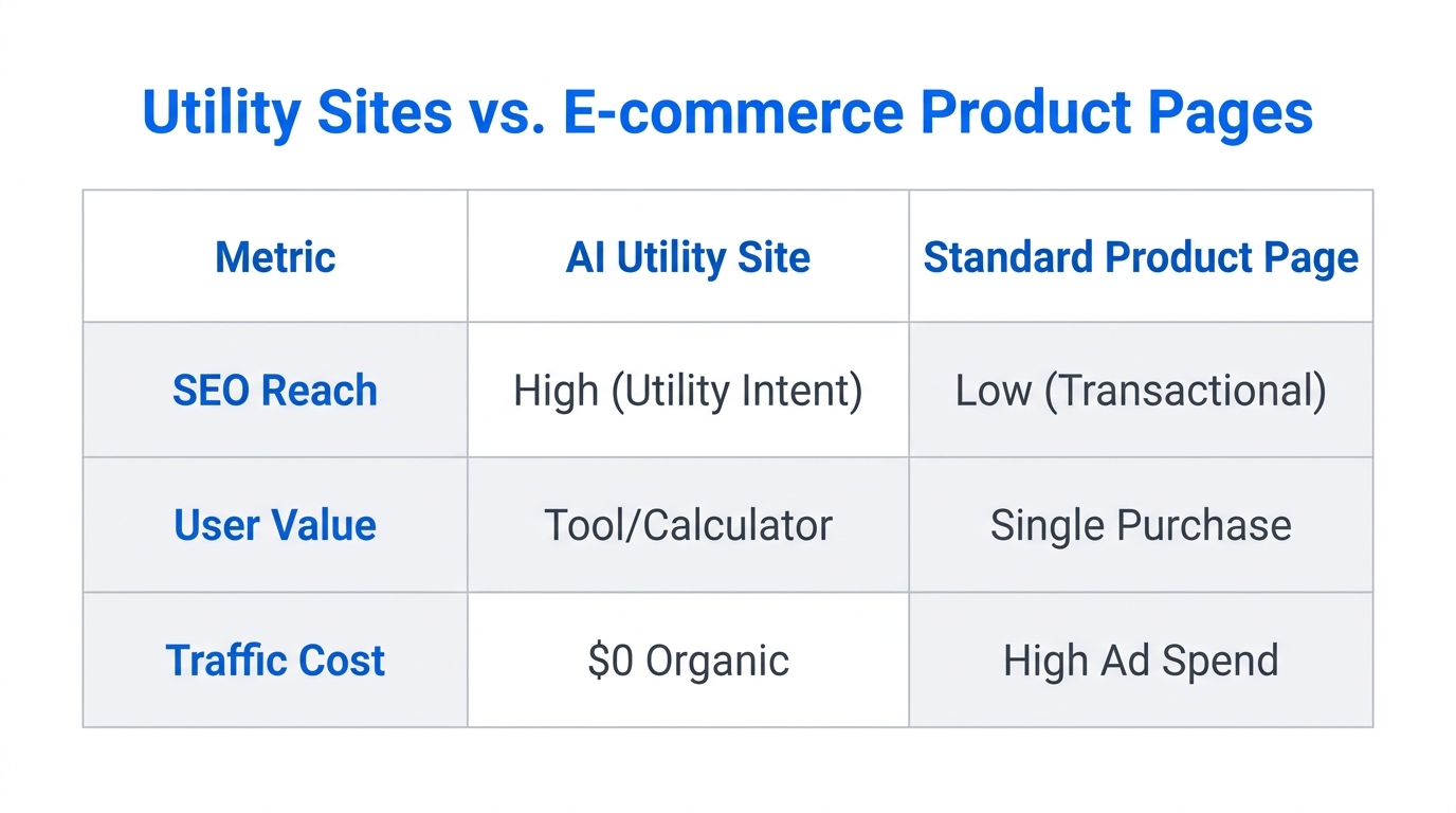 Comparison of SEO and cost advantages for AI utility sites.
