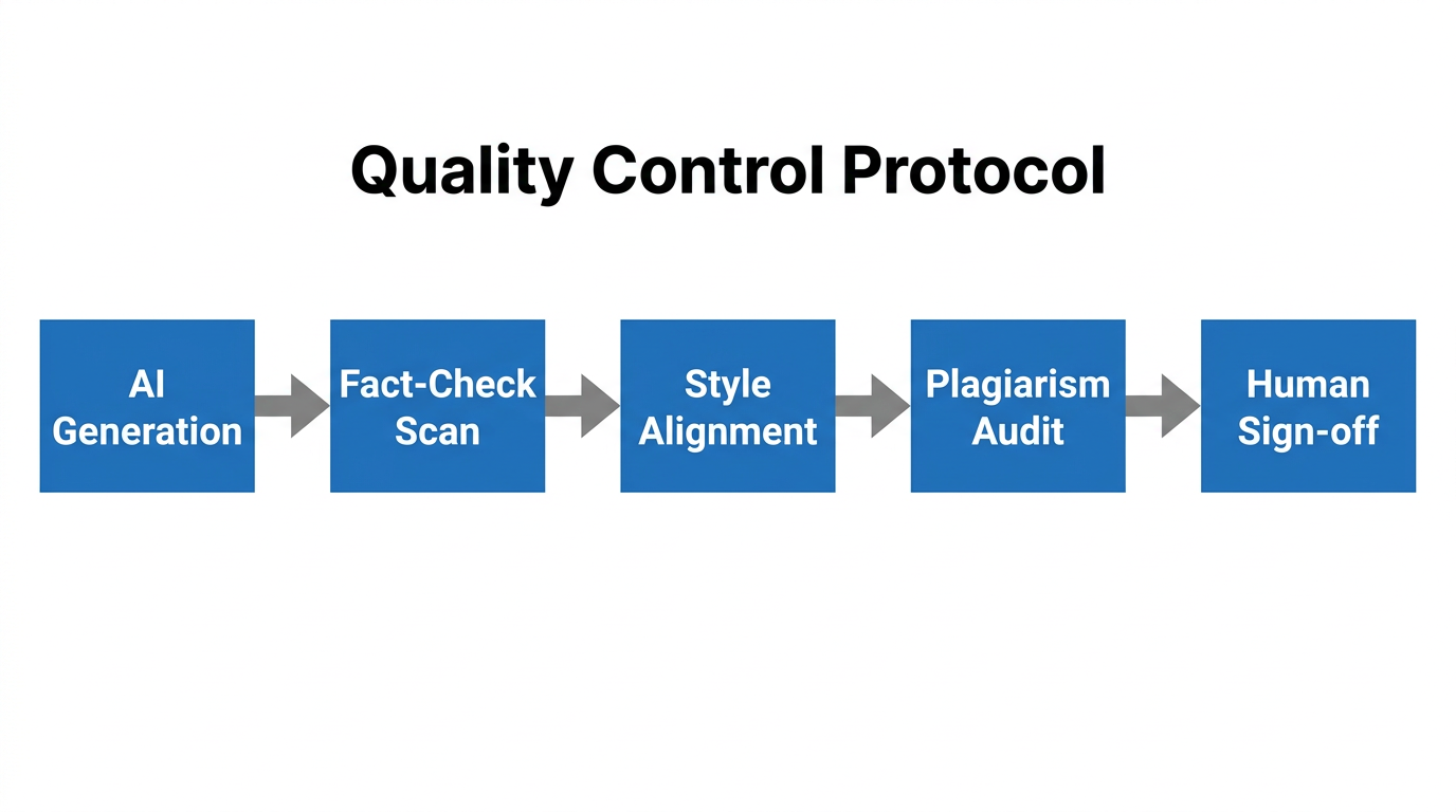 Five-stage quality control workflow for scalable AI digital publishing.