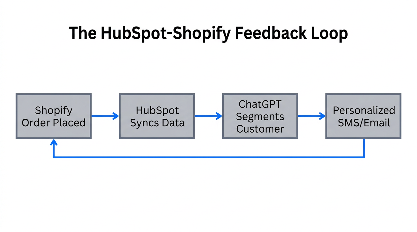Flowchart showing the automated lifecycle between Shopify, AI, and HubSpot.