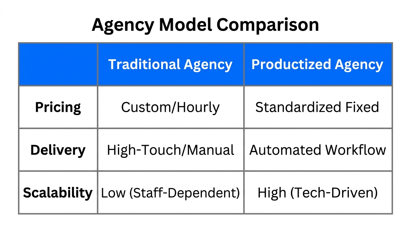 Comparison between traditional custom agencies and modern productized service models.