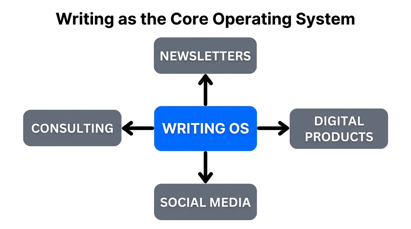 The Writing OS framework showing how core content drives all channels.
