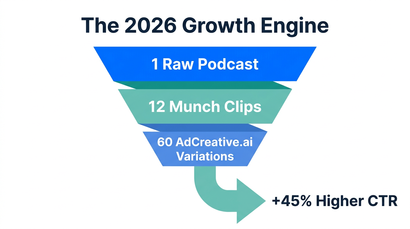 Three-stage content automation funnel from raw footage to high-converting assets.