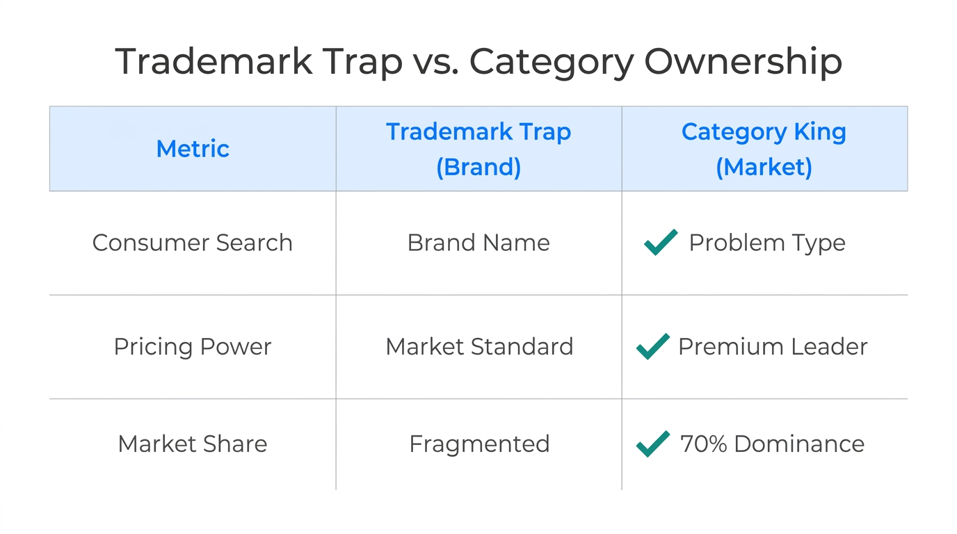 Comparison of market positioning between standard branding and true category creation.