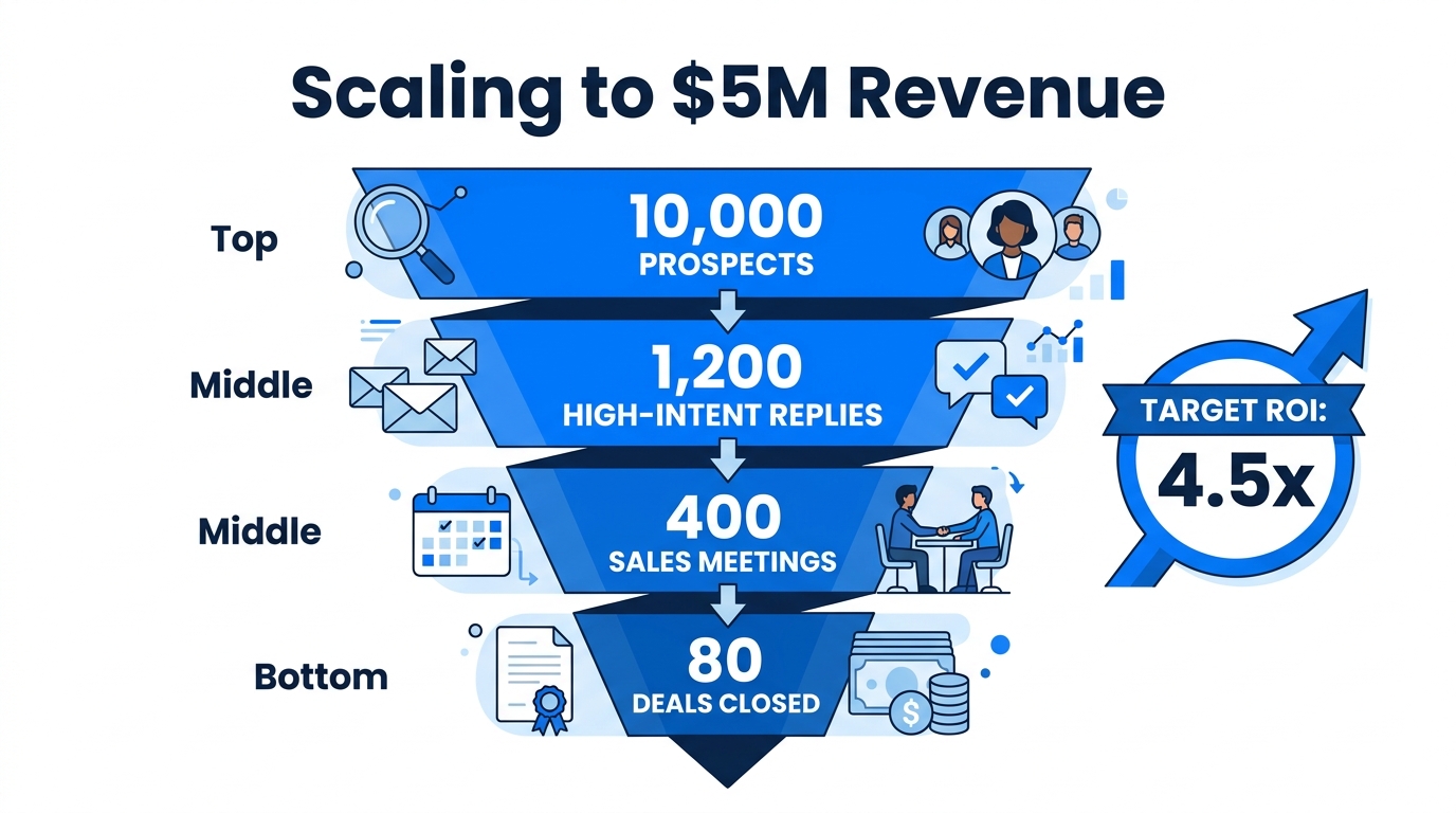 A conversion funnel showing the volume required for $5M revenue.
