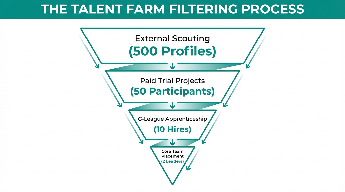 The funnel for filtering talent from broad scouting to core leadership.