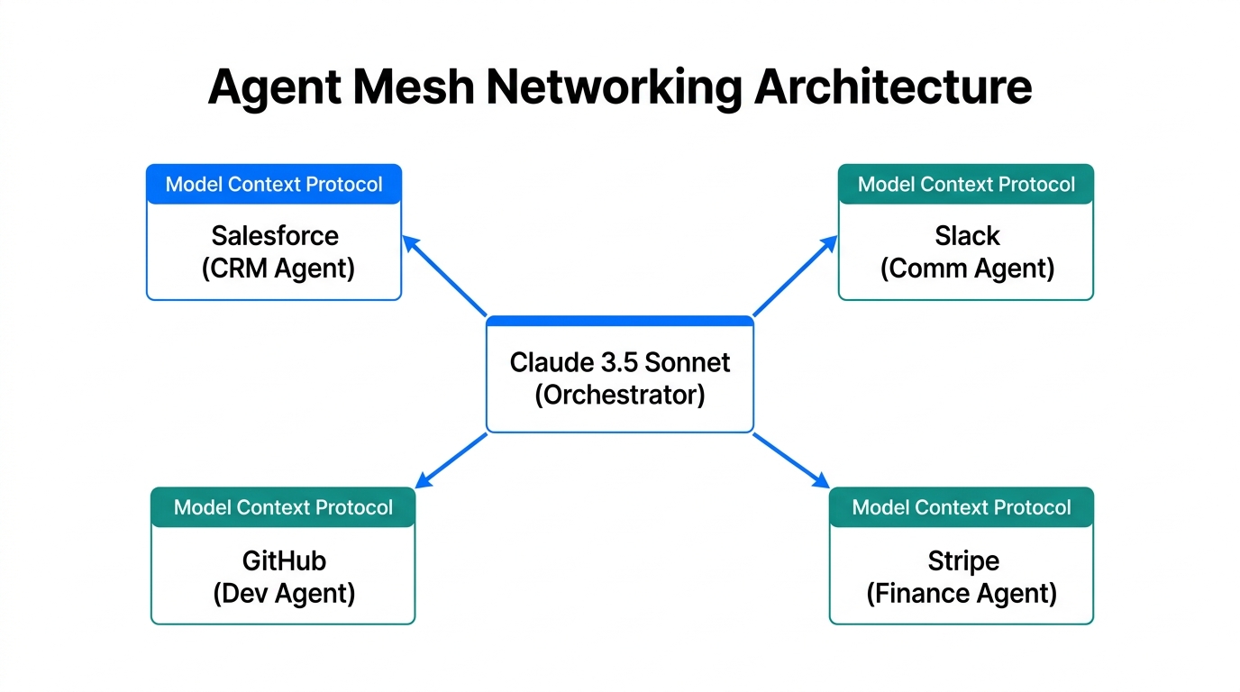 The interconnected architecture of a modern AI agent mesh.