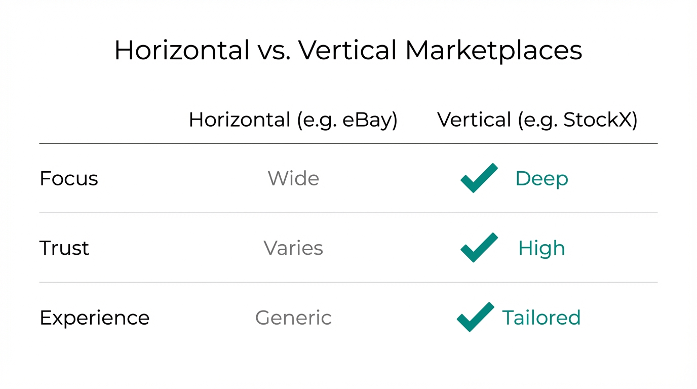 Key differences between broad horizontal platforms and specialized vertical marketplaces.