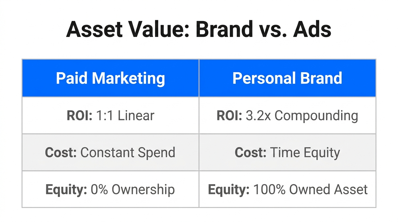 Comparison of compounding brand equity versus traditional paid advertising returns.
