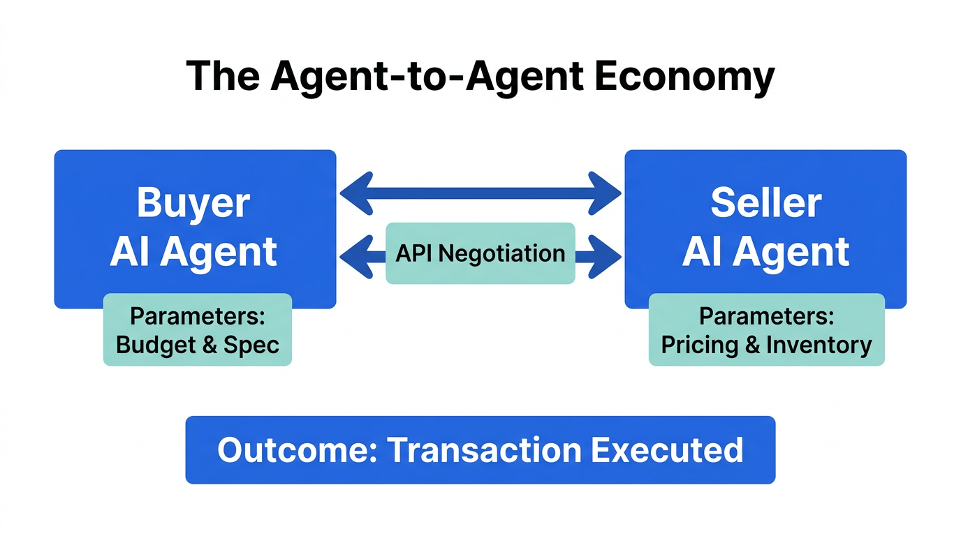 Diagram of autonomous commerce between buyer and seller AI agents.