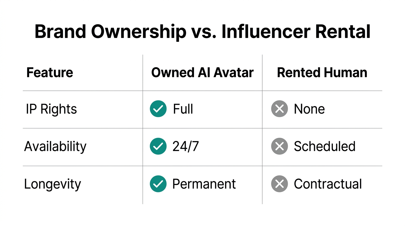 A comparison of ownership benefits between AI avatars and humans.