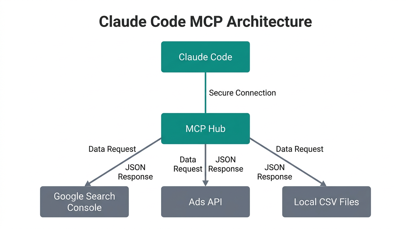 Data architecture showing Claude Code connecting to marketing APIs via MCP.