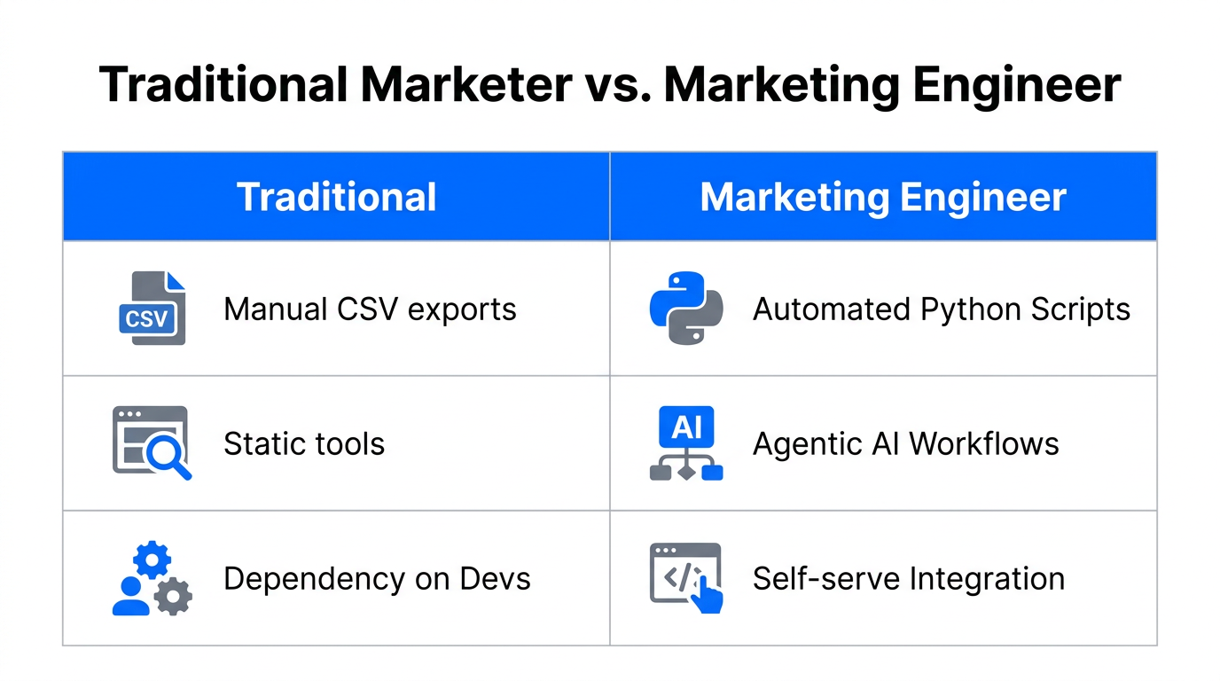Comparison of traditional marketing methods versus the engineering-led approach.