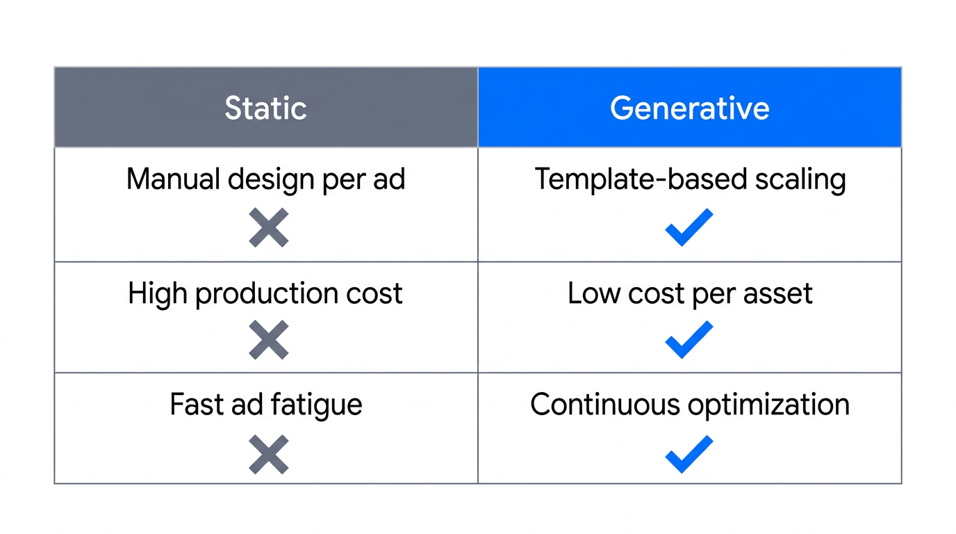 Comparison of traditional manual design versus modern generative creative systems.