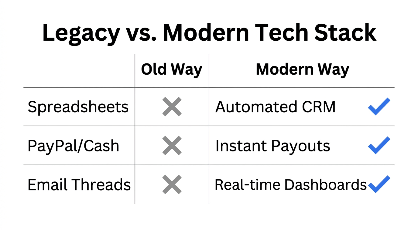 Comparison between manual program management and modern automated tech stacks.