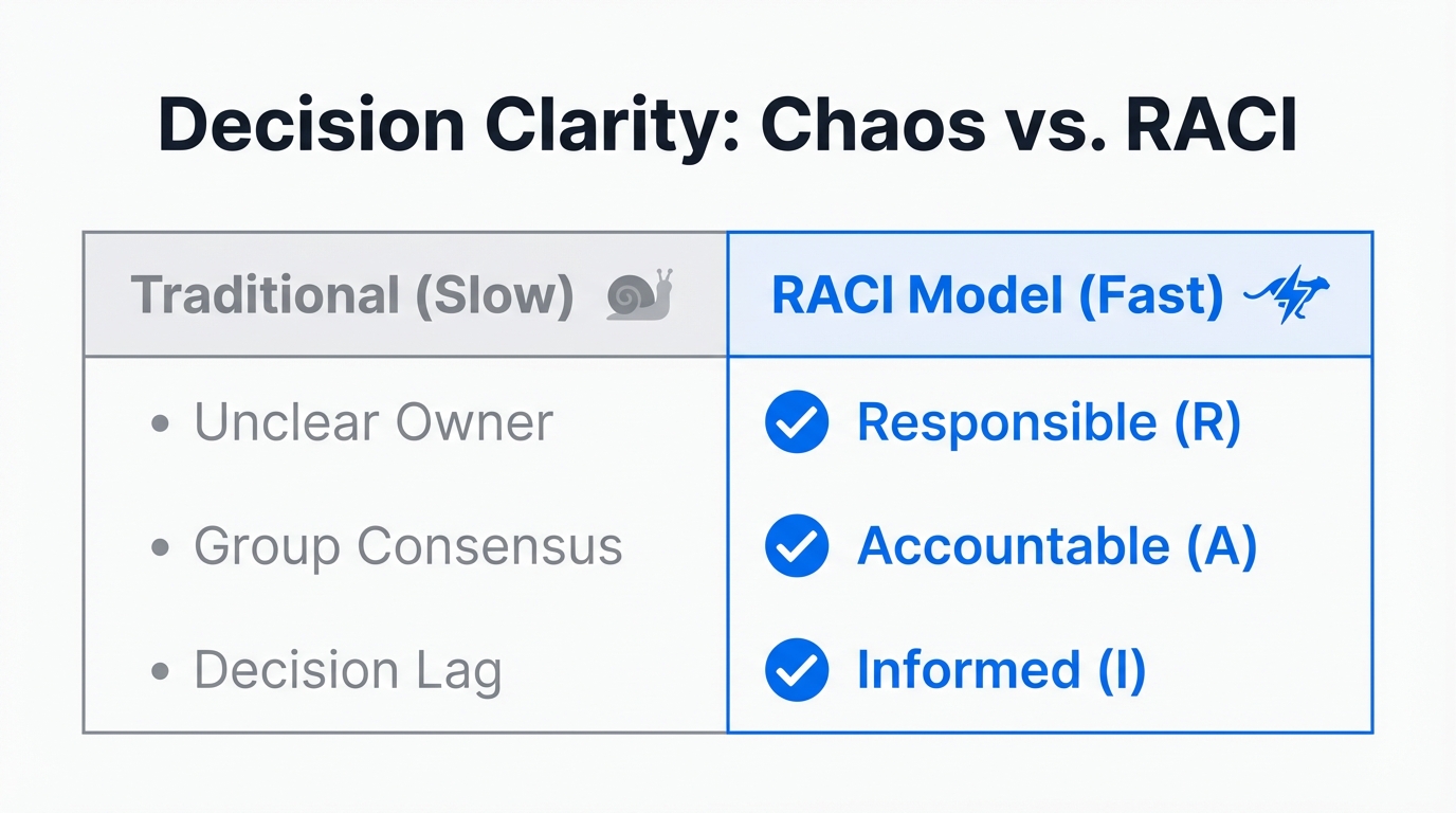 Comparison of traditional decision-making versus the efficient RACI model.