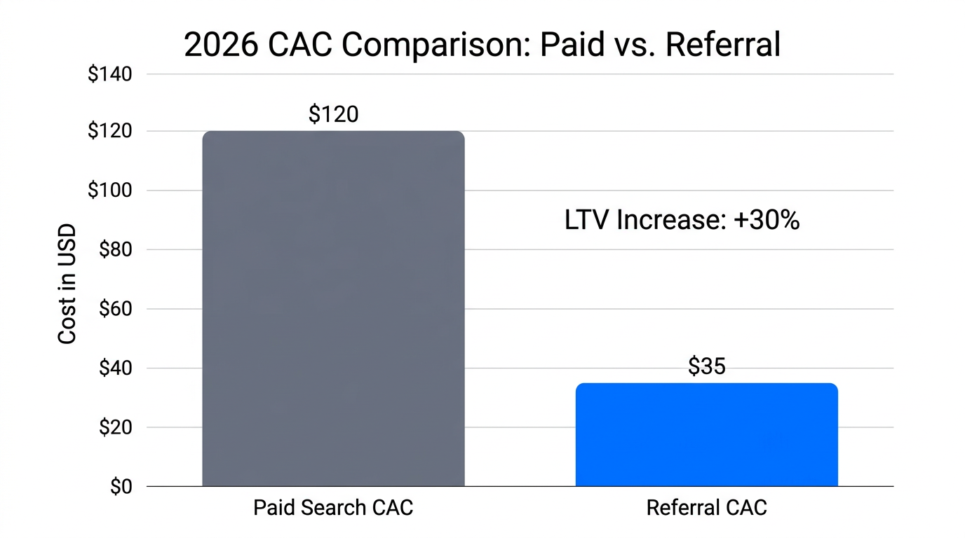 Comparison of Customer Acquisition Cost showing referral efficiency in 2026.