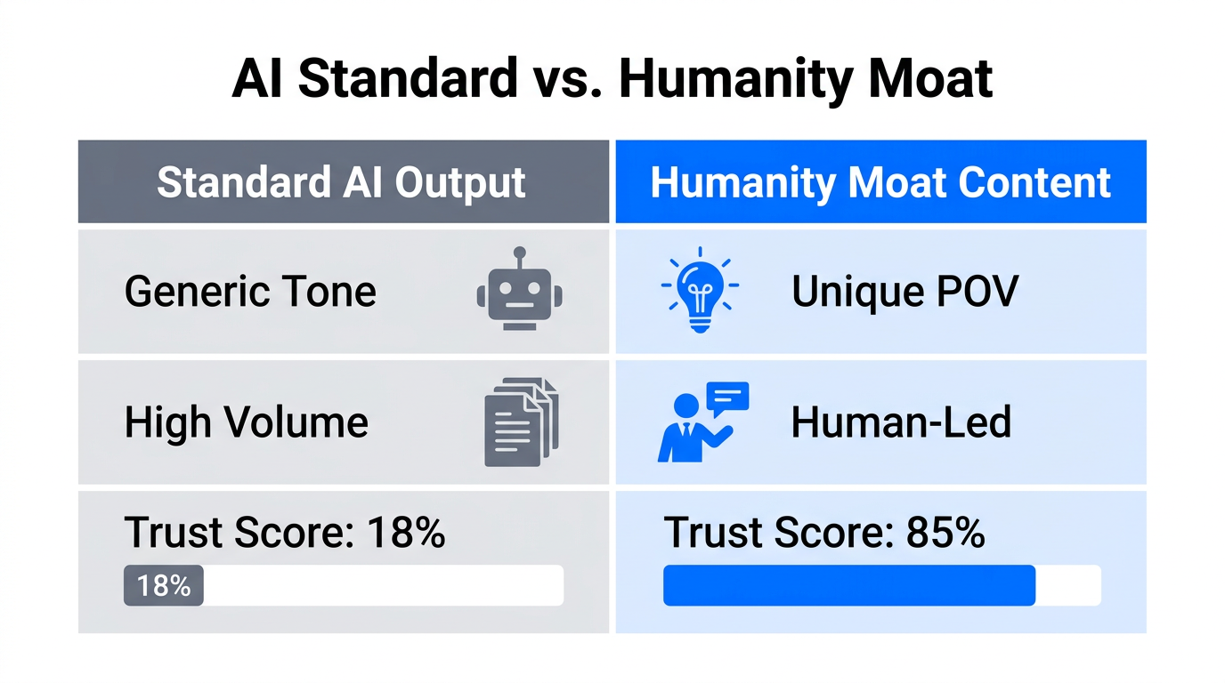 Comparison between generic AI content and the high-trust Humanity Moat strategy.