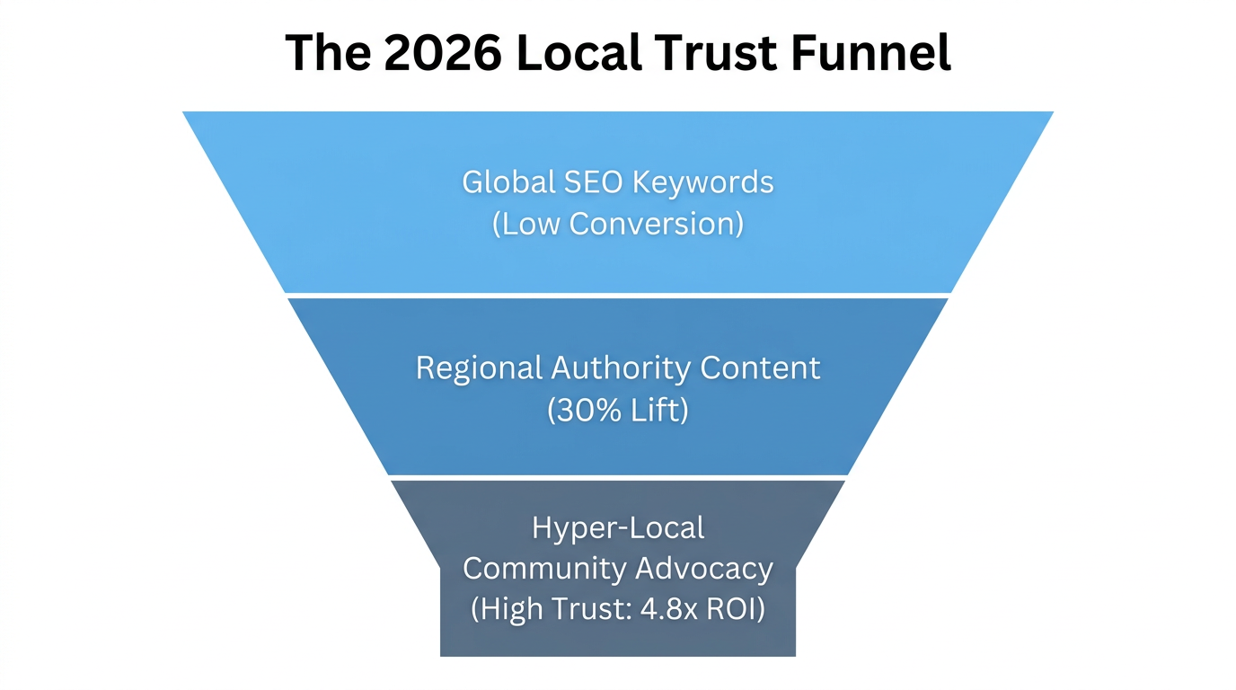 Funnel showing higher ROI from localized community trust over broad SEO.