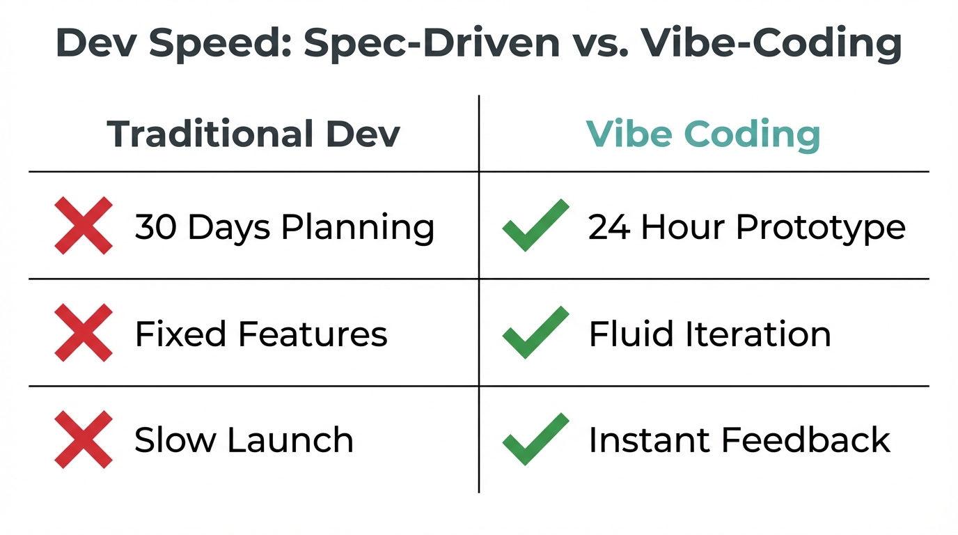 Comparing the speed and flexibility of vibe coding versus traditional development.