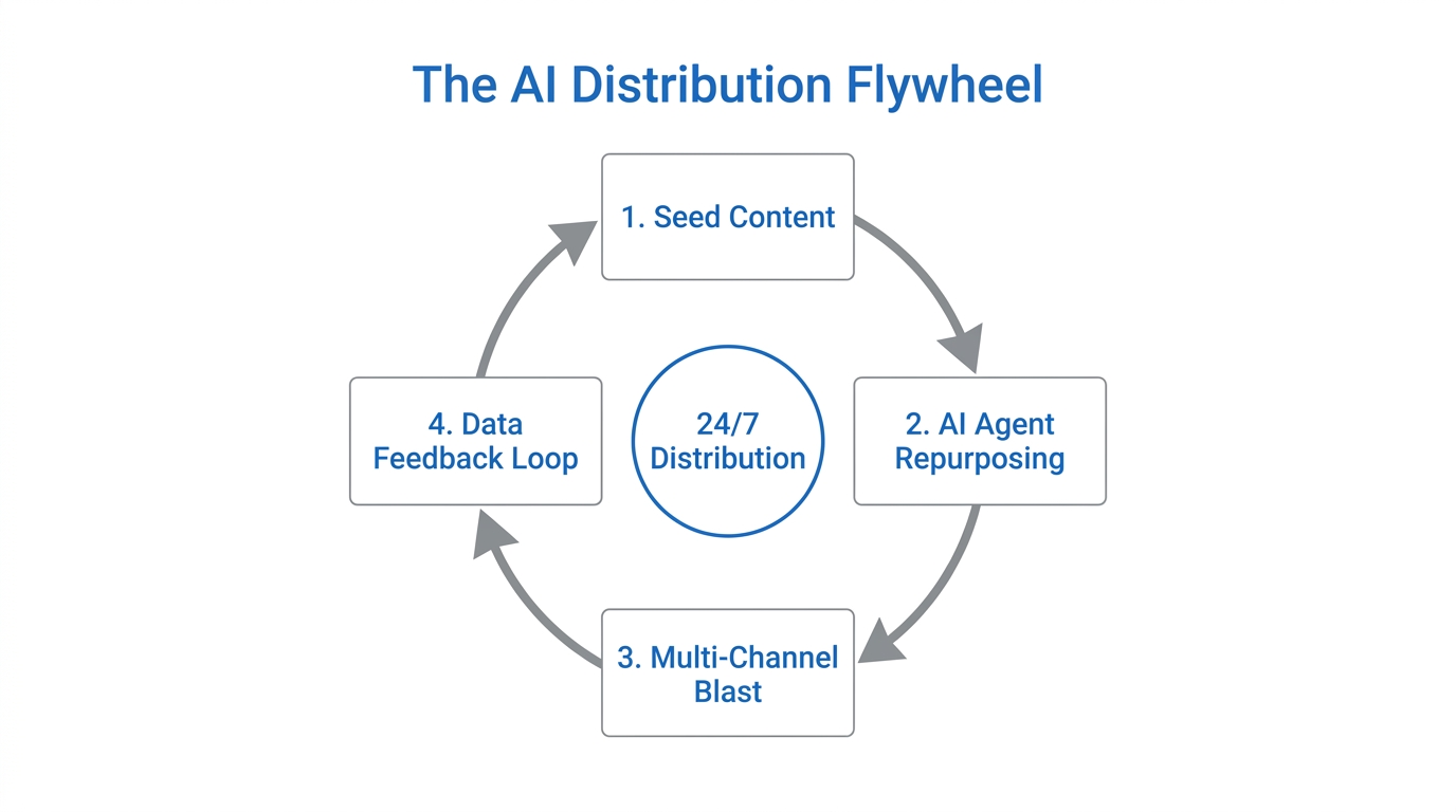 A continuous loop of content distribution driven by automated AI agents.