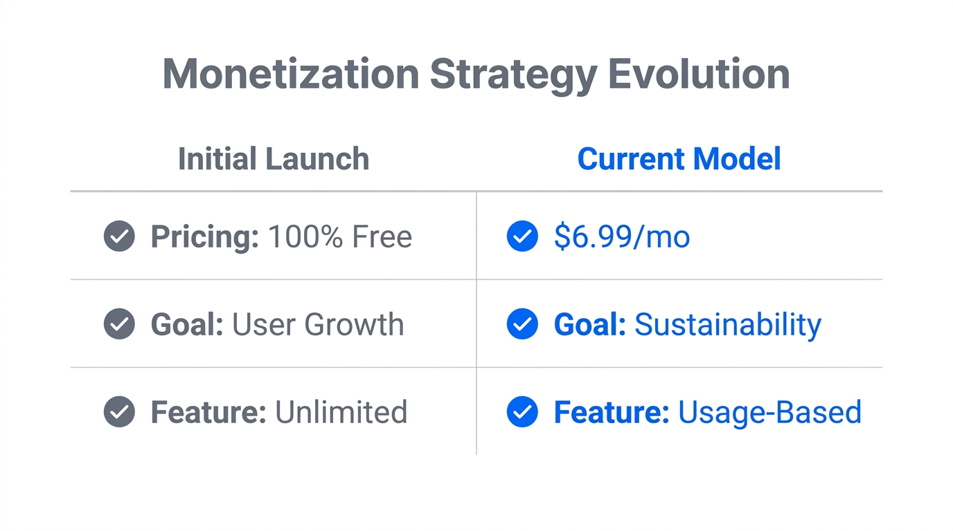 Shift from a free growth model to a paid SaaS structure.