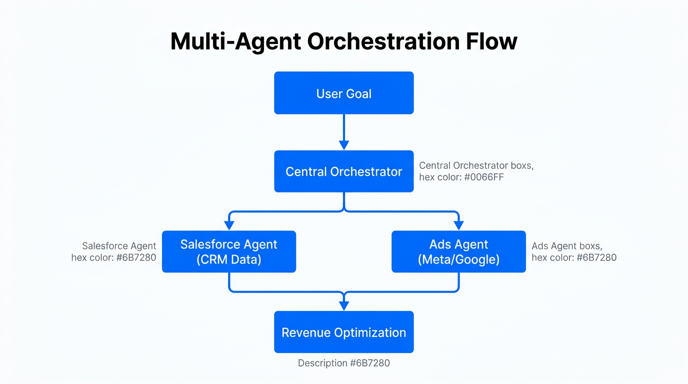Workflow showing how a central orchestrator manages CRM and Ad agents.