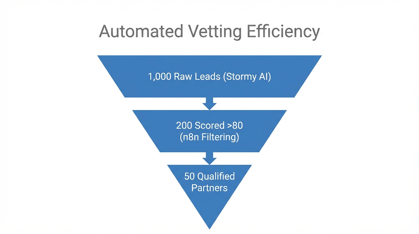 Efficiency funnel showing how AI vetting filters 1,000 prospects into 50 partners.