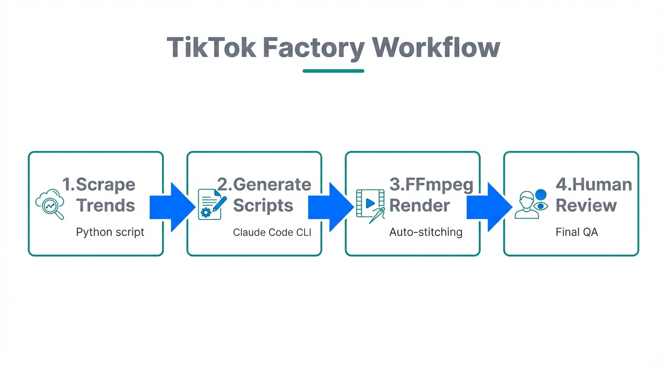 A four-step visualization of the automated TikTok content creation workflow.