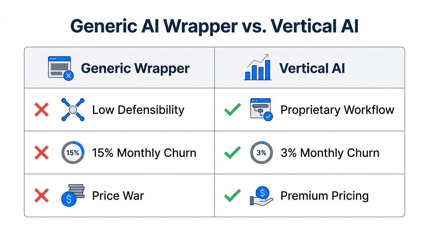Differences in defensibility and retention between generic wrappers and vertical AI.