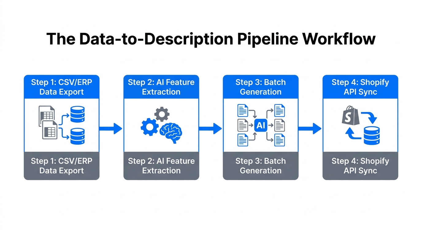 The four-step D2D pipeline for automated product description generation.