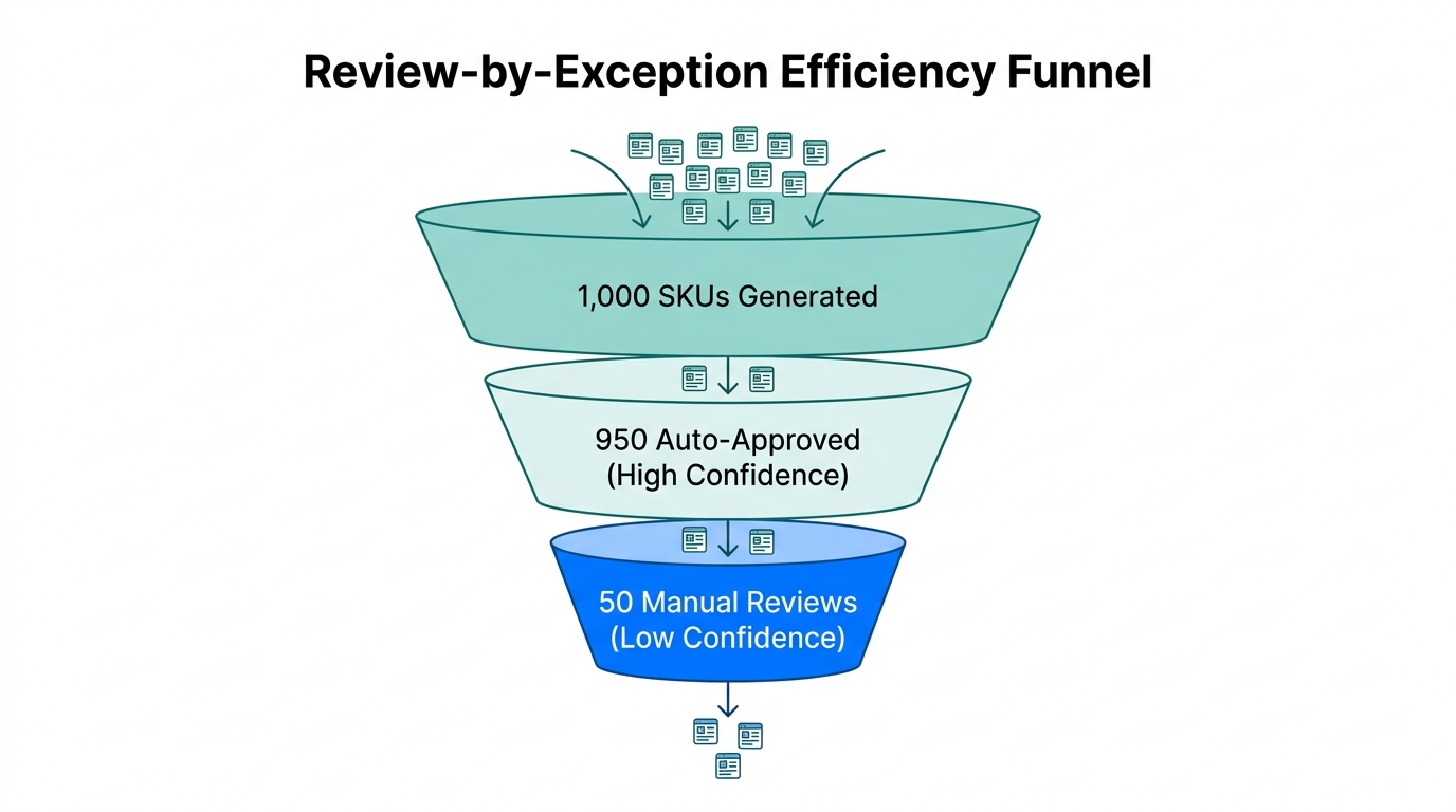 Funnel showing how review-by-exception reduces manual workload by 95%.