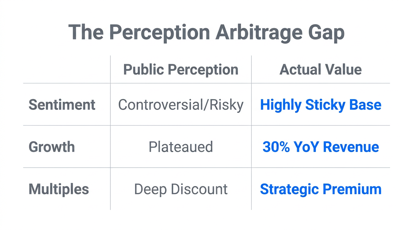 Comparison of market sentiment versus the underlying financial reality of Grindr.