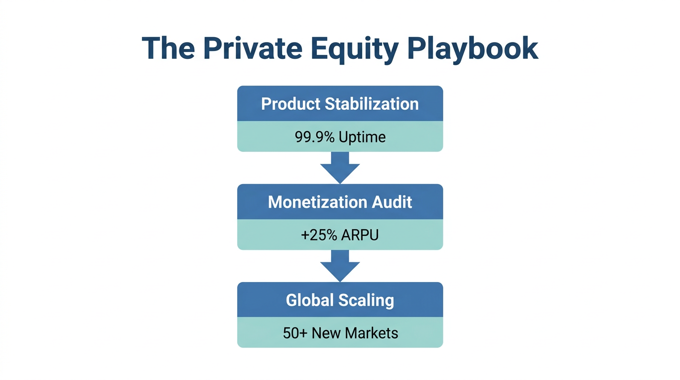 Sequential stages of the post-acquisition operational turnaround strategy.