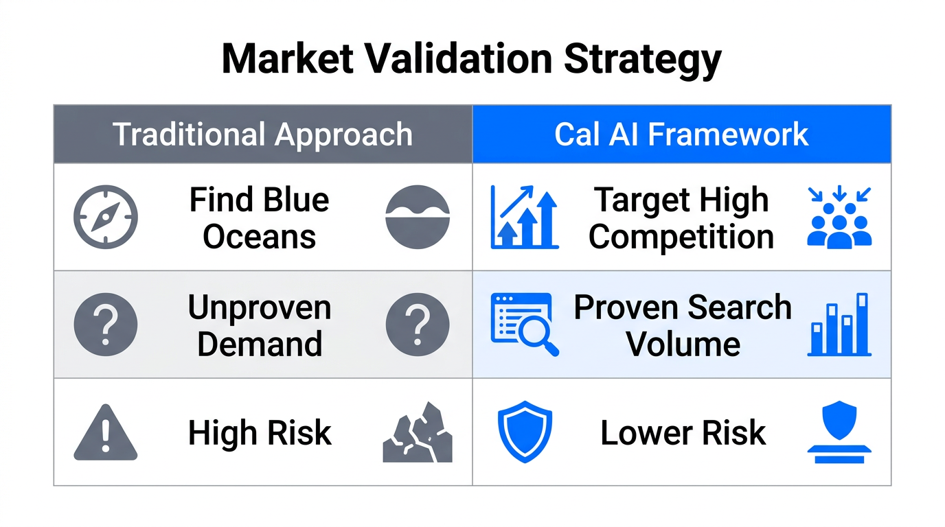 Comparison of traditional market research versus the Cal AI validation model