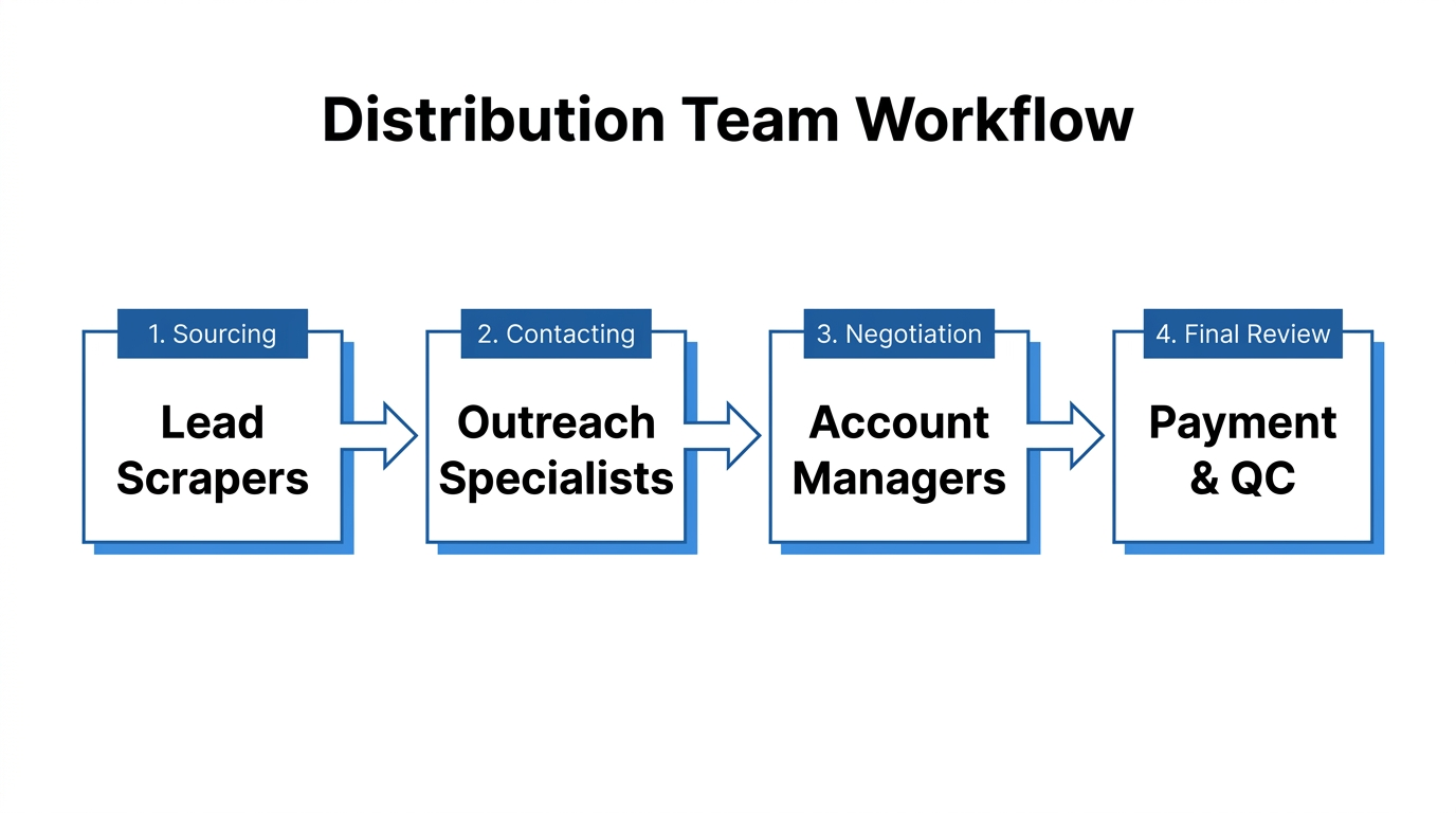 The organizational structure and workflow for a scaled marketing distribution team.