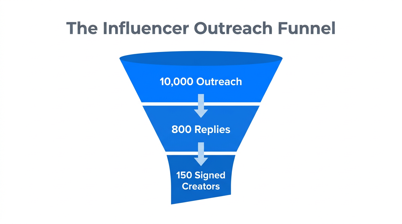 A high-volume funnel showing conversion rates from initial outreach to signed creators.