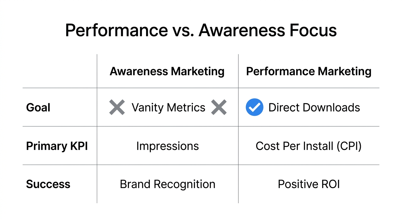 Comparison of traditional brand marketing versus performance-oriented app growth.