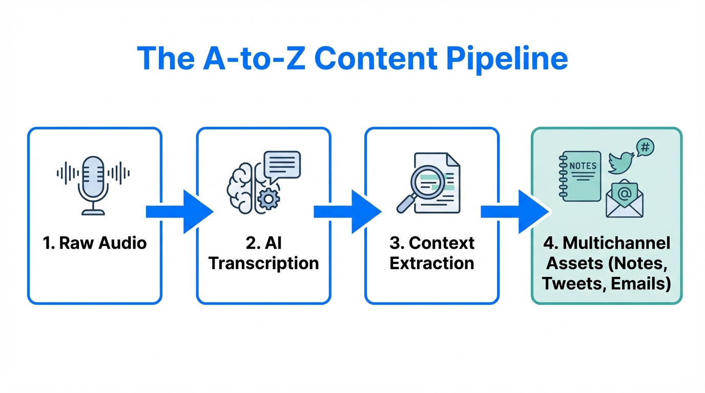 The automated step-by-step process from raw audio to final marketing content.