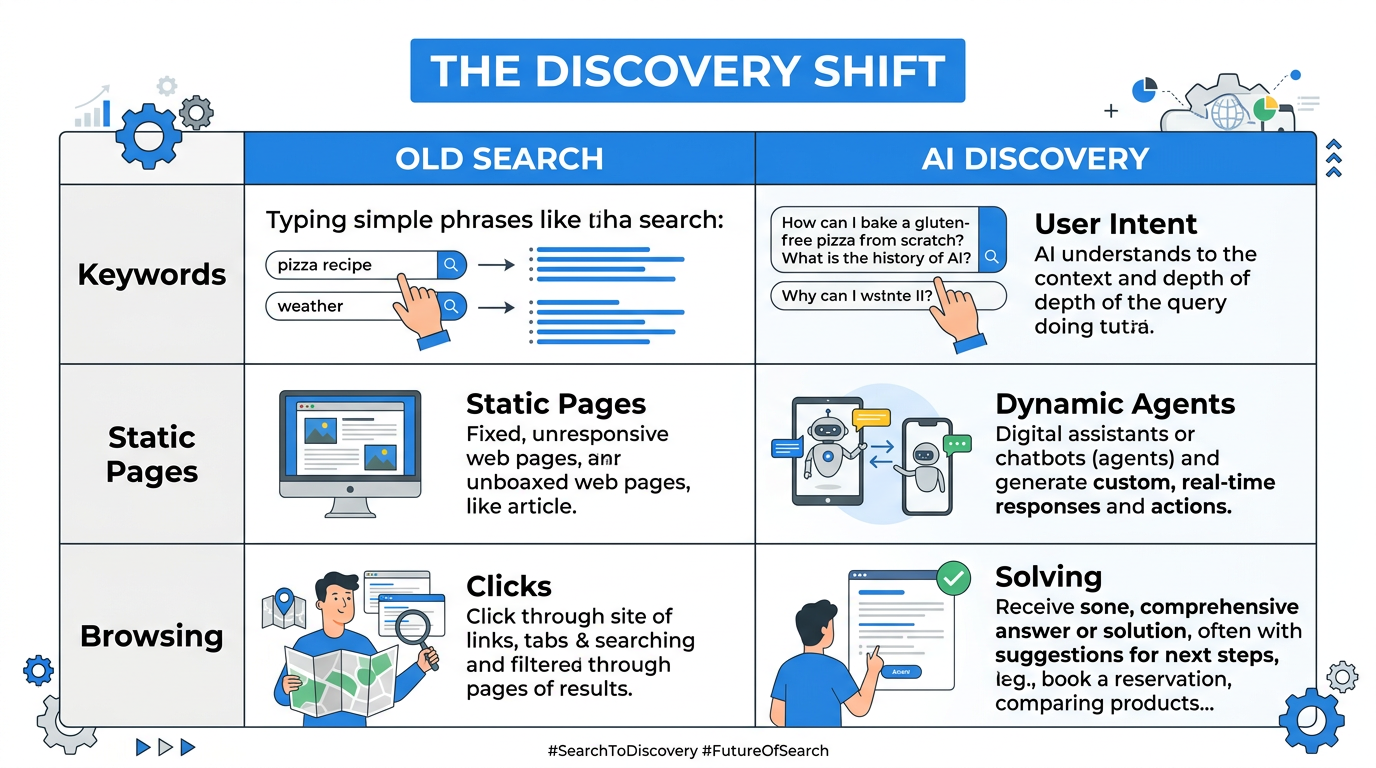 Comparison between traditional search engines and AI-driven contextual discovery.