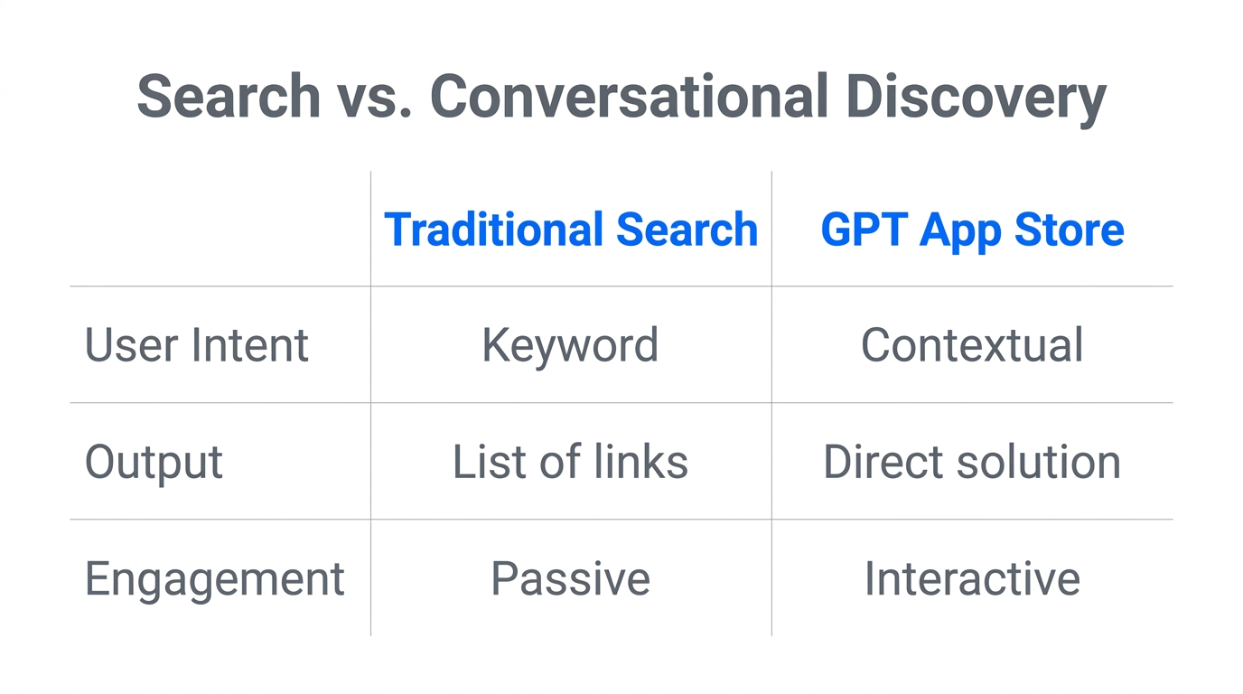 A comparison of traditional search versus the new conversational discovery model.