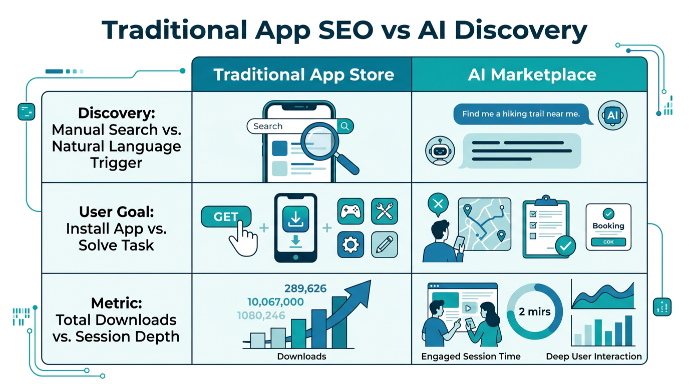 A comparison of traditional app discovery versus AI contextual triggers.