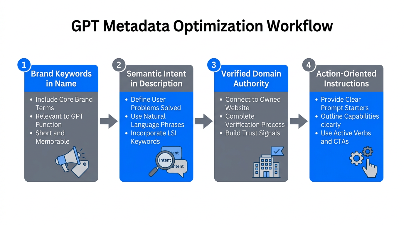 Step-by-step process for optimizing GPT metadata for search algorithms.