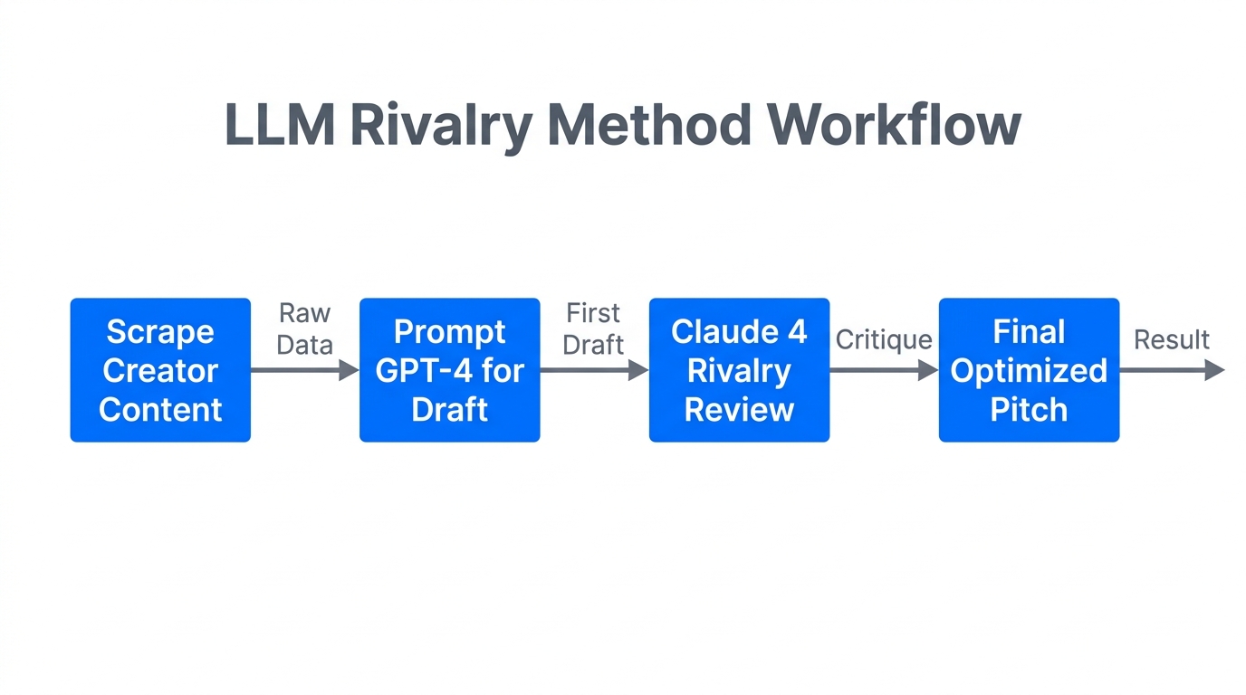 The LLM Rivalry workflow for cross-model pitch optimization.